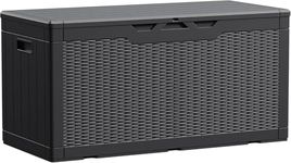 GUNJI 100 Gallon Deck Box Large Resin Outdoor Storage Box, Waterproof and UV Resistant Lockable for Outdoor, Large Storage Cabinet for Patio Furniture, Garden Tools and Pool Supplies(Frosted Black)