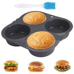 mumisuto Burger Bun Tray, Burger Buns Baking Mould, Bun Baking Mould, Bread Tray for 4 or 6 Rolls, with Non-Stick Coating, for Burgers, Bread, Rolls, Puffs, Tartlets (4-Hole)