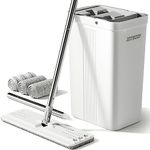 JOYMOOP Mop and Bucket with Wringer Set, White Flat Squeeze Mop Bucket Set for Floor Cleaning, Wet Dry Mop for Walls, Wall Cleaner with Long Handle, Hardwood Floor Mop-3 Microfiber Cloths