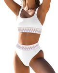 ZINPRETTY Women High Waisted Bikini Set Color Block Swimsuit 2 Piece High Cut Bathing Suit Tummy Control Teens Cheeky, White 2 Piece Swimsuits, Medium