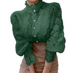 Women’s Elegant Lace Trim Shirts Casual Victorian Blouse Long Sleeve Button Down Tops, Emerald Green, Medium