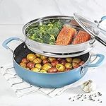 Granitestone Nonstick Everyday Pan Stir Fry Pan Multi-Purpose Pan 3 Piece Set with Tempered Glass Lid & Stainless-Steel Steamer, 5.5 Qt, Dishwasher Safe - 100% PFOA Free, Turquoise