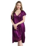 AV2 Women Satin Short Nighty with Lace & Robe Wine 1381