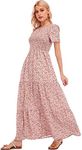 MANAIXUAN Women's Summer Casual Floral Print Party Maxi Dresses Short Sleeve A Line Long Tiered Sun Dress, Pink, Small