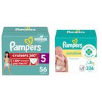 Pampers Cruisers 360 Diapers Size 5 56 Count & Baby Wipes Sensitive Perfume Free 4X Pop-Top Packs, 336 count (Pack of 1)