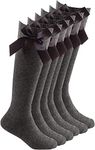 COSHAL® 3 Pairs Girls Knee High School Cotton Socks with Fluffy Ribbons Bow Back to School Socks Uniform Party Comfort Fit Socks Stocking Girls Bow Knee High Kids School Sock Size (9-12) Grey