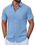 COOFANDY Men's Short Sleeve Cotton Shirt Summer Regular Fit Casual Shirts with Pockets Light Blue 3XL