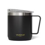 VAHDAM, Stainless Steel Coffee Mug with Handle (300ml) - Black | Vacuum Insulated, Double Wall, Sweat-Proof Mug with Slider Lid for Hot and Cold Drinks | Coffee/Tea Mug