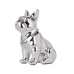 Seated French Bulldog Statue Resin Electroplated Dog Animal Sculpture with Silver Necklace Necklace Living Room End Table Kitchen Countertops Bedroom Bathroom Cabinet Home Decor (9in,Silver)