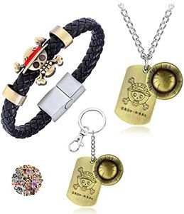 UoYu 23 pcs One P. Cosplay Luffy Necklace Pendant Keychain Anime Stickers PU Leather Bangle Skeleton Pendant Bracelet Wristband, Vinyl, No Gemstone