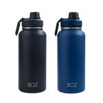 BOZ Stainless Steel Water Bottles 2 Pack Bundle - Blue Water Bottle + Black Water Bottle - Vaccum Insulated Water Bottles 32 Oz - Wide Mouth BPA Free Metal Water Bottles for Gym with Spout Lid