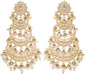 I Jewels 18k Gold Plated Indian Wedding Bollywood Stunning Antique Finish Chandbali Kundan & Pearl Earrings for Women (E2859)