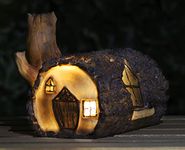 garden mile Solar Powered Light Up Log Fairy House Garden Solar Lighting Indoor Outdoor Ornament Wood Effect Resin Decoration - solar lights outdoor garden