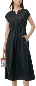 GOELIA Summer Black Dress Xiang Yun Silk 100% 19MM Silk V Neck Cap Sleeve Elastic Waist Midi Dresses Print Casual Wedding Guest Dress