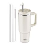 MILTON Malmo 1200 Thermosteel Double Wall Vacuum Insulated Stainless Steel Water Tumbler with Handle 1100ml,Travel Mug with Straw,Silicon Cap,Cleaning Brush,Hot & Cold Beverage Flask, Cream