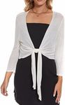 Women's Tie Front Bolero Cardigan Shrug Sweater 3/4 Sleeve Knotted Lightweight Short Shawl Top White