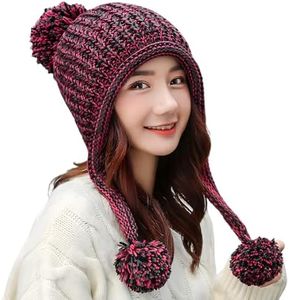 HUAMULAN Women Winter Sherpa Beanie Hats Knit Ear Flaps Peruvian Cover Ears Warm Fleece Lined Ski Snow Hat with 3 Pompom