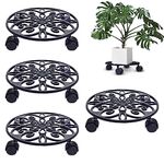 ecofynd SpinX Round Metal Plant Stand for Indoor & Outdoor Pots, Caddy Rolling Wheels Metal Potted Plant Holder for House, Garden & Patio (Pack of 4, Black, PS015)