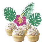 24Pcs Glitter Tropical Cupcake Toppers, Palm Tree Cake Topper Aloha Cupcake Picks Flower Cupcake Decorations for Luau Hawaiian Theme Baby Shower Birthday Wedding Party Supplies (tropical leaves B)