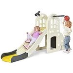 COSTWAY 6 in 1 Large Kids Slide, Toddler Climber Slide Set with Basketball Hoop, Ring Toss and Telescope, Indoor Outdoor Freestanding Slider Playset (Yellow)