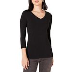 Amazon Essentials Women's Classic-Fit 3/4 Sleeve V-Neck T-Shirt, Black, Large