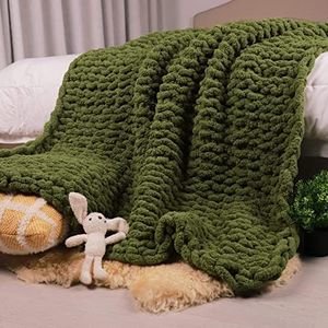 Carriediosa Chunky Knit Throw Blanket 50" X 60", 100% Hand Made Large Chenille Loop Yarn Soft Fluffy Throws for Couch Sofa Bed, Big Crochet Cozy Heavy Thick Cable Woven Blanket, Olive Green