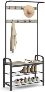 VASAGLE Coat Rack, Hall Tree with Shoe Bench for Entryway, Entryway Bench with Coat Rack, 4-in-1, with 9 Removable Hooks, a Hanging Rod, 13.3 x 33.1 x 72.1 Inches, Greige and Black UHSR400B02