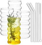 ALINK Ribbed Drinking Glass Cups with Straws Set of 4, 16 oz Aesthetic Iced Coffee Glasses, Wave Bubble Glasses Tumbler, Ripple Glassware, Beer Glasses for Coctail, Milk, Soda, Gift with Brush