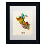 Trademark Fine Art Peru Watercolor Map Art by Michael Tompsett in Black Frame, Acrylic Paper 11 by 14-Inch, White Matte