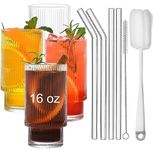 ALINK 16 oz Large Ribbed Glassware Drinking Water Glasses with Straws Set of 4, Vintage Glassware Iced Coffee Cups, Origami Style Ridged Glass Tumbler for Coocktail, Whiskey, Beer- 2 Brush, Clear