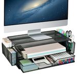 AUPSEN 2 Tier Computer Monitor Stands with Drawer and 2 Pencil Holder, Metal Monitor Stand Monitor riser, Computer Desk Organizer and Accessories for Laptop, Computer, Printer, Office Supplies(Black)