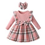 Joureker Infant Baby Girls Dresses Long Sleeve Tutu Dresses Rib Knit Patchwork Plaid Bow Princess Dress for Little Girls Dress, Pink, 6-9 Months