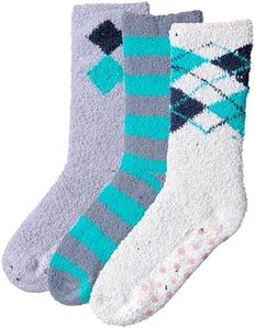 JAMES FIALLO Men's 3-Pairs Grey Argyle Accents Cyan Stripes Patterned Or Solid Anti-Skid Soft Fuzzy Crew Socks, MZ01-B-T1