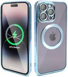 MOBIEZ Compatible with iPhone 14 Pro Max Clear Magnetic Case: Shiny Chrome Trim Wireless Charging (Compatible with Magsafe), Full Camera Protection, Slim & Shockproof (Light Blue)