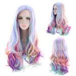 Beaupretty Cosplay Hair Wig Long Wavy Curly Wig Synthetic Rainbow Heat Resistant Curly Full Hair Wig for Halloween
