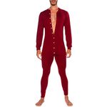 Duohropke Men's Jumpsuit Romper Pyjamas One-Piece Full Body Suit Henley Jumpsuit Stretchy Thermal Underwear Pyjamas, 01 Red, S