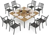 PHI VILLA 9 Pieces Outdoor Dining Set for 8, 60” Wood-Like Large Square Metal Steel Dining Table & Stackable Iron Chairs, Dining Furniture Set for Patio, Deck, Yard, Porch