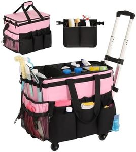 OUDUCK Rolling Cleaning Caddy, Cleaning Caddy Bag with Tool Waist Bag Belt, Large Cleaning Supplies Organizer with Handles and Shoulder Strap for Cleaners Housekeepers, Pink