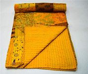 Yuvancrafts Indian Handmade Assorted Patchwork Kantha Quilt Queen Size Cotton Embroidery Quilts Kantha Bedspread Throw Blanket Vintage Quilt Kantha Bed Cover (Yellow)