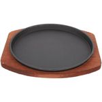 Amosfun Round Sizzler Steak Pan, 19cm Cast Iron Sizzling Plate with Wooden Base Non Stick Steak Serving Pan Meat Plate, Fajita Skillet Server