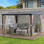 Sunjoy 10 x 12 ft Wall Mounted Gazebo with Polycarbonate Roof, Black Aluminum & Metal Frame Lean to Gazebo with Curtains and Netting…