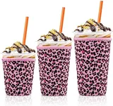 Iced Coffee Cup Sleeve for Large Sized Cups, Reusable Neoprene Iced Coffee Cup Holder for Hot Cold Drinks, Compatible with Starbucks, Dunkin Donuts, and More (Pink Leopard)