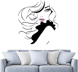 DXLING Sexy Girl Beauty Long Hair Face Makeup Salon Wall Stickers Home Decor Living Room Removable Vinyl Barbershop Wall Decal A536 (Black Girl + Pink Lips)