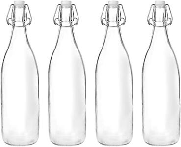 Amazon Brand - Solimo Silica Glass Bottle with Flip Cap, 1 Litre, Set of 4, Transparent
