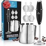 Zulay Milk Frother Complete Set - Handheld Foam Maker for Lattes - Whisk Drink Mixer for Bulletproof Coffee, Mini Blender Perfect for Cappuccino, Frappe - Includes Frother, Stencils and Frothing Cup