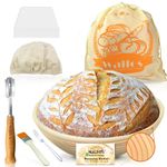 Banneton sourdough Basket Set - Walfos Round Bread Basket, 100% Natural Rattan - 25cm Bread Proofing Basket, Bread Lame, Dough Scraper, Cloth Liner, Storage Bag, Cleaning Brush & Bread Fork