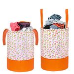 PrettyKrafts 45L Non Woven Leaves Printed Round Foldable Large Laundry Bag/Basket With Handle, Freestanding Clothes Storage Organizer for Bedroom, Bathroom, Dorm (36x36x45cm, Orange, Set of 2)