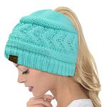 ZOORON Ponytail Beanie Hat for Women, High Messy Warm Stretch Cable Knit Winter Ponytail Beanie Skull Cap, Blue, 7 3/4-7 7/8