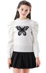 SMILING PINKER Girls Jumper Sweater Knit Butterfly Camellia Pullover Puff Sleeves Crop Top(White,10-11 Years)