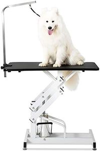 BouPower 43" Hydraulic Pet Grooming Table, Heavy Duty Z-Lift Dog Grooming Table/21-36", Pet Grooming Table With Steel Arm/Grooming Leash/Noose, Weight Capacity 330LBS As shown' Black White